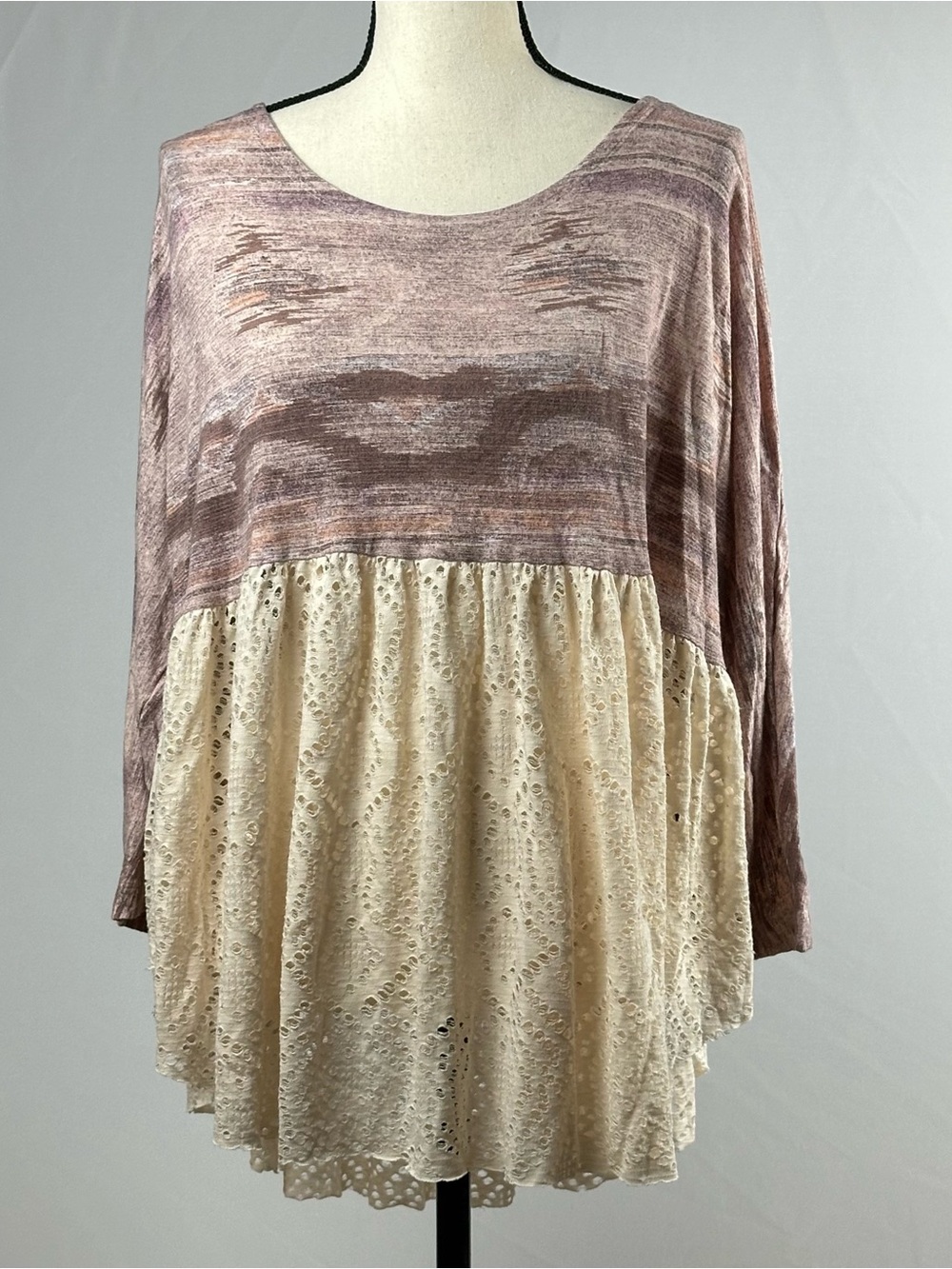 Free People boho rose shirt with ivory asymmetric cream eyelet hem- size medium